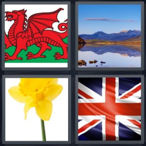 4 Pics 1 Word Answer 5 letters for red dragon flag with green background, large lake with mountains, yellow flower daffodil, union jack British flag