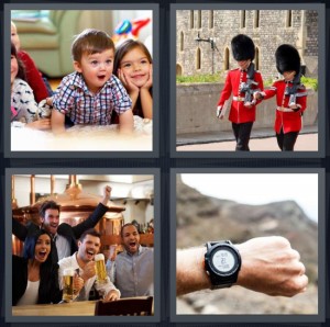4 Pics 1 Word Answer 5 letters for kids surprised about something, beefeater English guards for royalty, fans spectating game at bar, clock on man wrist in mountains