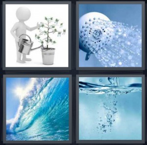 4 Pics 1 Word Answer 5 letters for person putting liquid on plant with watering can, shower head spraying, ocean wave curling, undersea bubbles