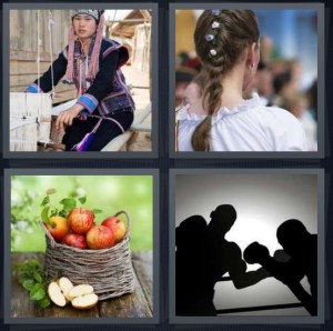 4 Pics 1 Word Answer 5 letters for Burmese woman working on loom with thread, girl with flowers in braided hair, apples in woven basket, boxers fighting in ring
