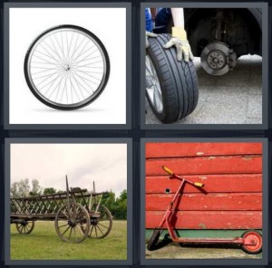 4 Pics 1 Word Answer 5 letters for spokes for tire for bicycle, tire being changed, wooden wagon in field, red scooter against red wall background