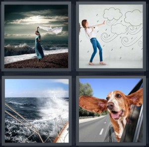 4 Pics 1 Word Answer 5 letters for woman standing on breezy beach, woman pushing away cartoon storm, waves crashing over sailboat, dog with head out window