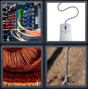 4 Pics 1 Word Answer 5 letters for network motherboard with cords and cables, computer mouse, copper cord for construction, barbed fence