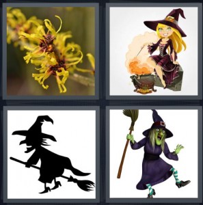 4 Pics 1 Word Answer 5 letters for hazel yellow flower, woman with costume and cartoon cauldron, silhouette of woman riding broomstick, magic woman with green face