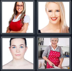 4 Pics 1 Word Answer 5 letters for female in red sweater, model with blond hair, girl with blue eyes, grandmother cooking wearing red apron