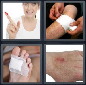 4 Pics 1 Word Answer 5 letters for woman with blood on finger, man putting bandage on leg, cut on bottom of foot with bandage, scrape on skin surface