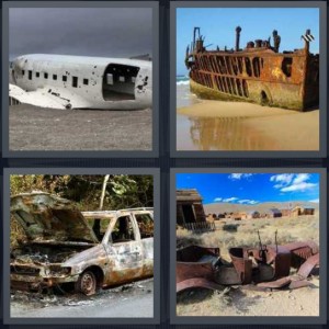 4 Pics 1 Word Answer 5 letters for plane crash in ocean, sunken ship washed to beach, car crashed into woods rusted, rusted car in desert