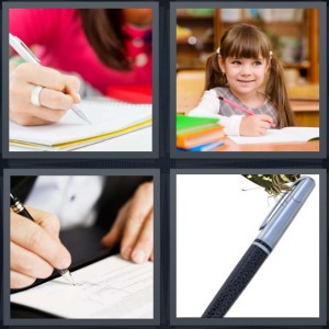 4 Pics 1 Word answers, 4 Pics 1 Word cheats, 4 Pics 1 Word 5 letters woman in red sweater taking notes in notebook, little girl student in library, man signing contract, silver and black fountain pen