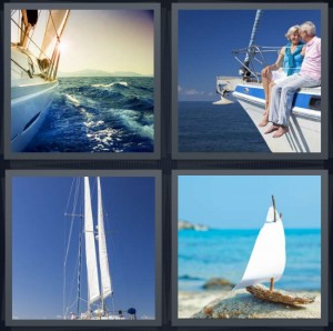 4 Pics 1 Word answers, 4 Pics 1 Word cheats, 4 Pics 1 Word 5 letters boat on water cutting through waves, couple sitting on edge of boat sailing, sails of boat against blue sky, toy boat