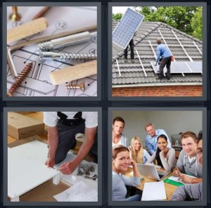 4 Pics 1 Word Answer 8 letters for screws and building materials, men installing solar on roof, man building white table, classroom with computers