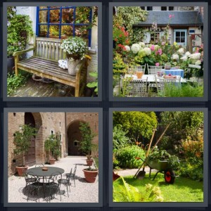 4 Pics 1 Word Answer 8 letters for wooden bench outside house, garden with iron table, wrought iron patio set, wheelbarrow in green garden