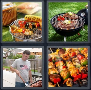4 Pics 1 Word Answer 8 letters for grill with food on top, steaks on grill in grass, American man cooking outside, chicken and vegetable skewers