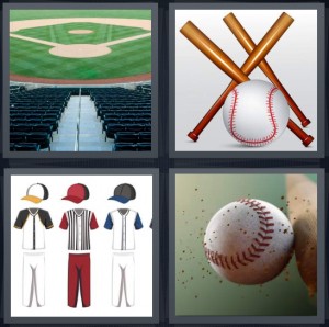 4 Pics 1 Word Answer 8 letters for diamond for playing game, bats and ball, uniforms for ball team, ball hitting bat