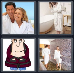4 Pics 1 Word Answer 8 letters for couple in white robes, woman in bathroom with tub, cartoon of sick old man, people at spa in robes