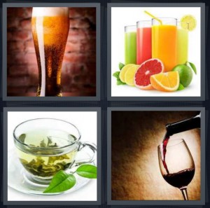 4 Pics 1 Word Answer 8 letters for pint glass of dark beer, different types of juice with fruit, mint herbal tea in glass, wine being poured