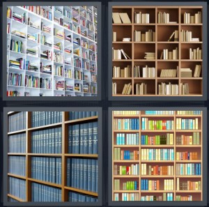 4 Pics 1 Word Answer 8 letters for books on white cube shelves, library with paperbacks, set of blue encyclopedias, shelves with many books