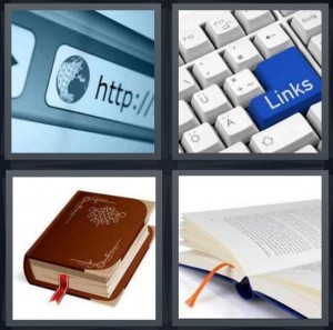4 Pics 1 Word Answer 8 letters for browser window for Internet, links button on keyboard, old book with red ribbon, book open to page