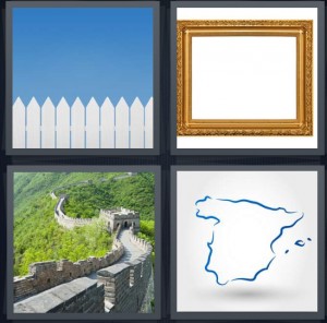 4 Pics 1 Word Answer 8 letters for white picket fence blue sky, gold frame nothing inside, Great Wall of China, country outline on map in blue