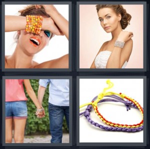 4 Pics 1 Word Answer 8 letters for model with jewelry on wrist, bride wearing pearls, couple holding hands, jewelry handmade for kids