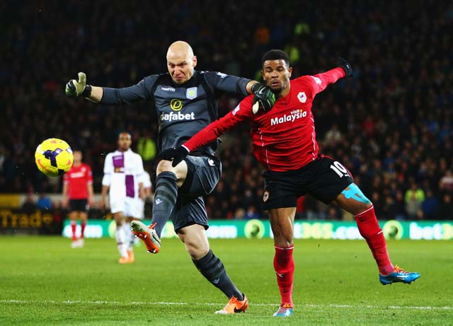 Guzan fights to get the ball away from the goal during the Barclays Premier League match between Cardiff City and Aston Villa at Cardiff City Stadium on February 11, 2014 in Cardiff, Wales. (Getty)