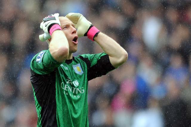 Brad Guzan of Aston Villa reacts during the Barclays Premier League match between Aston Villa and Chelsea. (Photo by Chris Brunskill/Getty Images)
