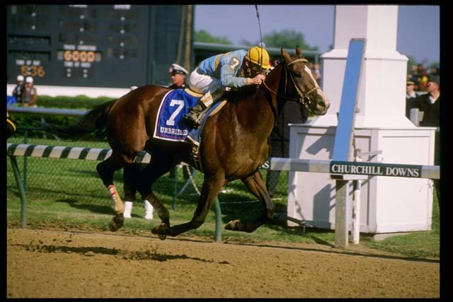 Unbridled crosses the finish line ahead of the pack at the 1990's  "Run for the Roses." (Getty)