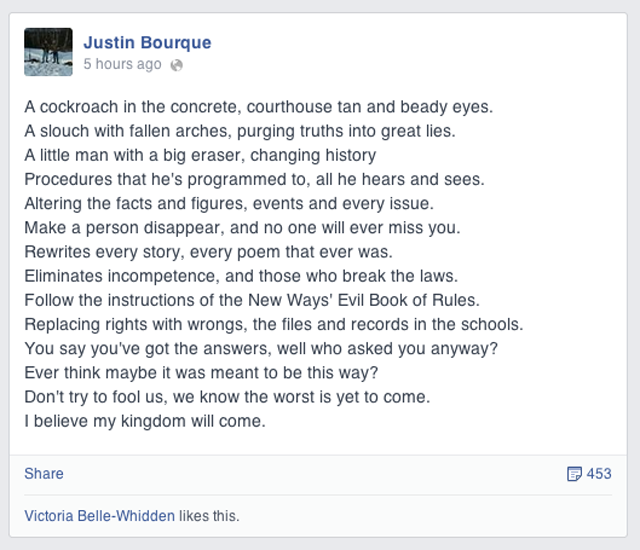 Justin Bourque Facebook post