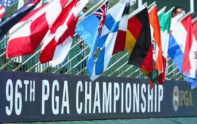 International flags fly about the PGA Championship sign Monday at Valhalla. (Getty)