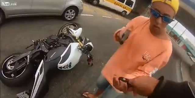 Biker Robbed at Gunpoint, Cop Shoots Thief, Helmet Cam VIDEO