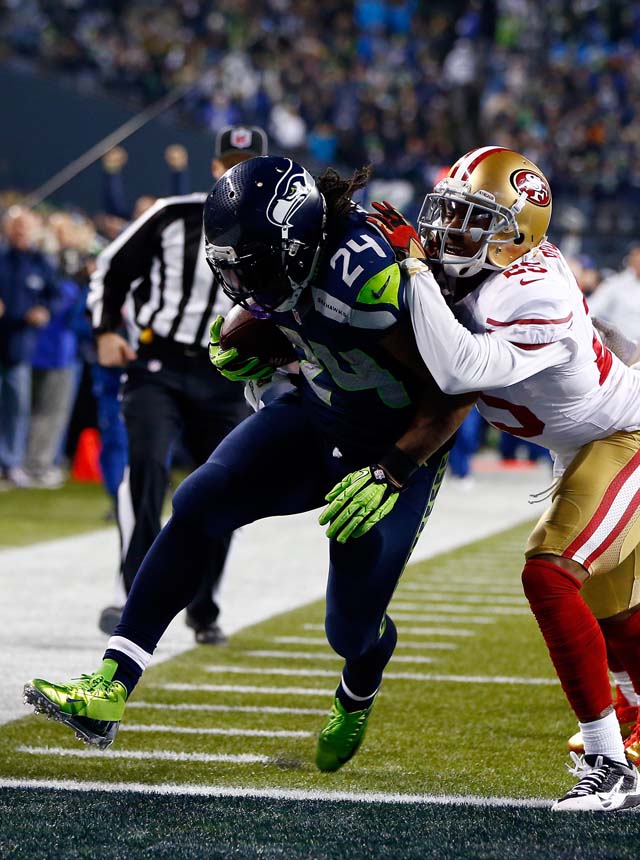 Touchdown by Marshawn Lynch, Seahawks 49ers NFC Championship Game Russell Wilson Colin Kaepernick The 12th Man.