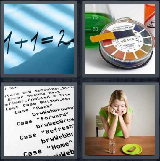 4 Pics 1 Word Answer for Addition, pH, Code, Meal