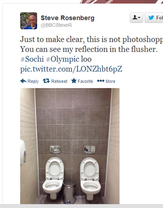 Photos of communal toilet cubicles at Winter Olympics venues in Sochi have gone viral, Steve Rosenberg Toilet Photos, BBC Reporter Sochi Toilet Pics, Sochi Communal Cubicles