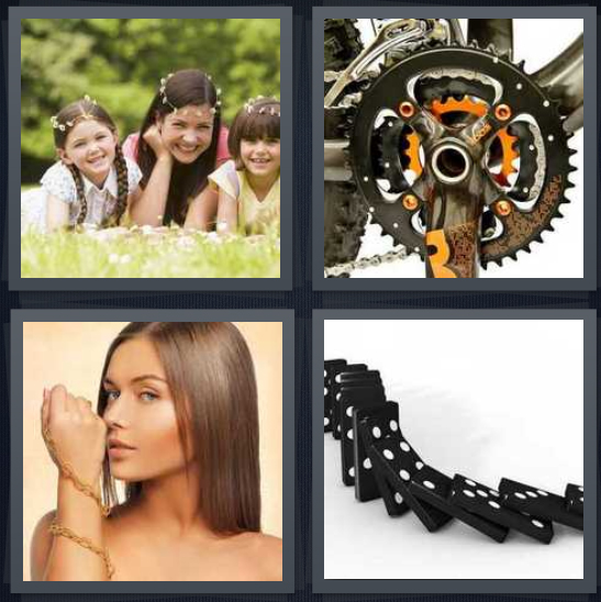 4 Pics 1 Word Answer for Daisies, Bike, Bracelet, Dominos