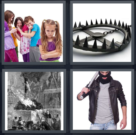 4 Pics 1 Word Answer for Bullies, Trap, Burning, Assault