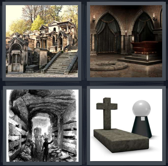 4 Pics 1 Word Answer For Cemetery Mausoleum Tunnel Grave Heavy