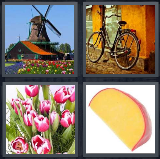 4 Pics 1 Word Answer for Windmill, Bicycle, Tulips, Cheese