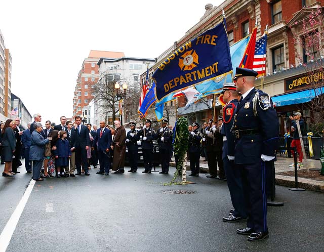 Boston Marathon bombing anniversary ceremony, firefighters