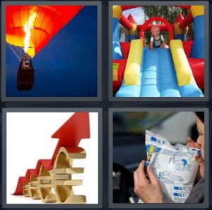 4 Pics 1 Word Answer for Balloon, Slide, Euros, Blow 