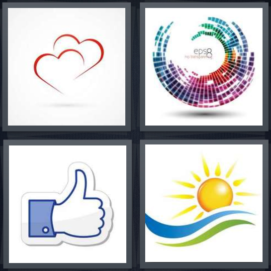4 Pics 1 Word Answer for Hearts, Colors, Facebook, Sun ...