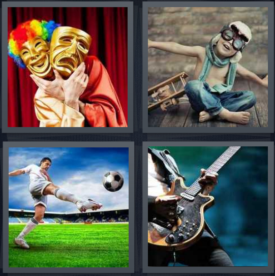 4 Pics 1 Word Answer for Theater, Aviator, Soccer, Guitar