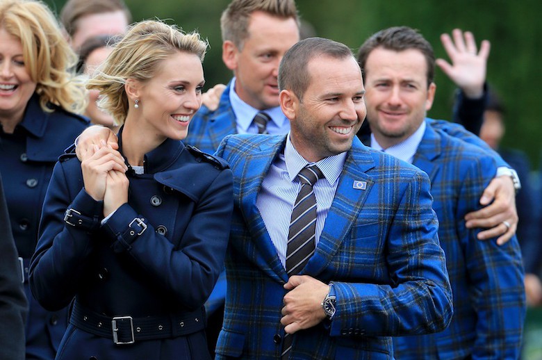 Sergio Garcia and his girlfriend Katharina Boehm participate in the opening ceremonies for the Ryder Cup 2014. 