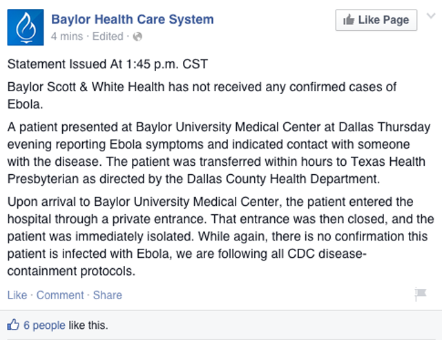 Baylor Ebola Statement