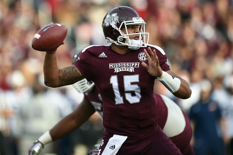 Dak Prescott leads top-ranked Mississippi State against No. 5 Alabama today. (Getty)