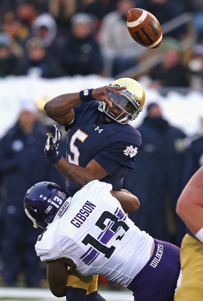 Deonte Gibson hits Notre Dame quarterback Everett Golson to force a fumble Saturday. (Getty)