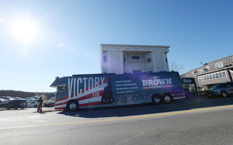 Scott Brown's bus is seen during a campaign stop in Newport, New Hampshire (Getty)