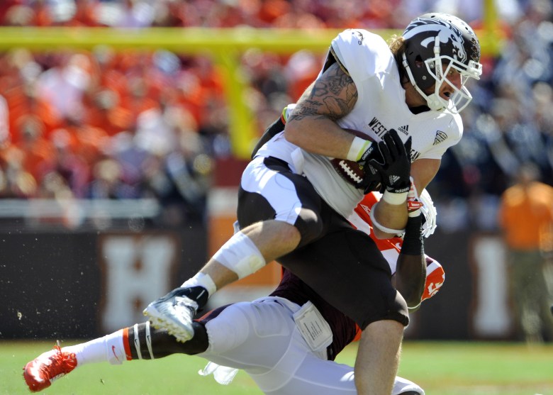 Western Michigan tight end Eric Boyden is tackled earlier this season against Virginia Tech. (Getty)
