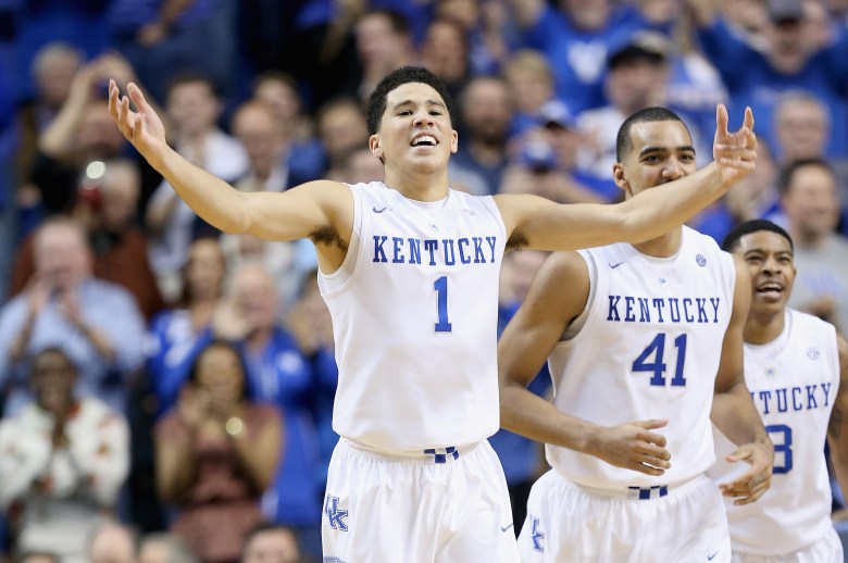 Devon Booker and No. 1 Kentucky play at No. 4 Louisville on Saturday afternoon. (Getty)