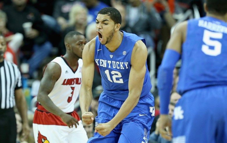 Karl-Anthony Towns celebrates during the first half of Kentucky's game at Louisville. (Getty)