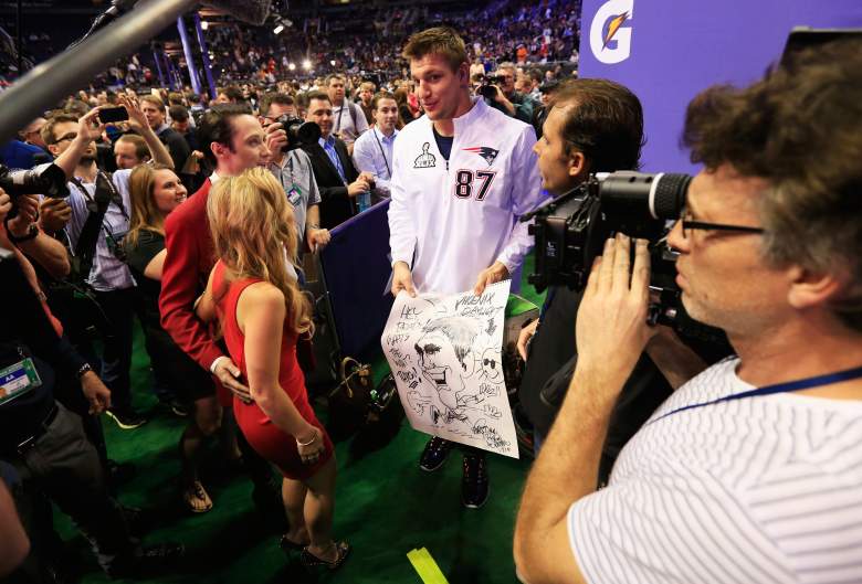 The Patriots' Rob Gronkowski entertained at Tuesday's Super Bowl Media Day. (Getty)
