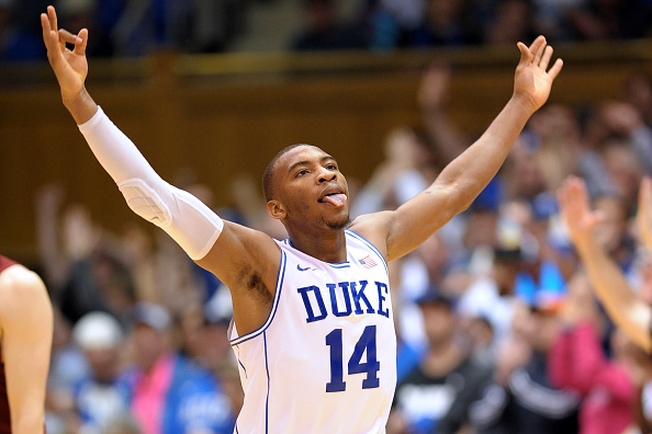 Rasheed Sulaimon #14 of the Duke Blue Devils reacts against the Boston College Eagles during their game at Cameron Indoor Stadium on January 3, 2015 in Durham, North Carolina. Duke defeated Boston College 85-62. (Getty)